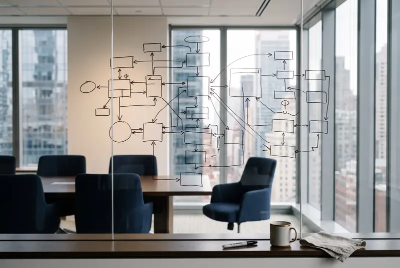 An entity structure mapped out on a glass wall at a Los Angeles CPA firm
